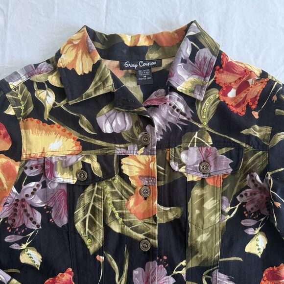 Gaudy Couture Womens Fall Autumn Floral  Sequin Denim Jacket Cotton Size Med - Picture 3 of 11